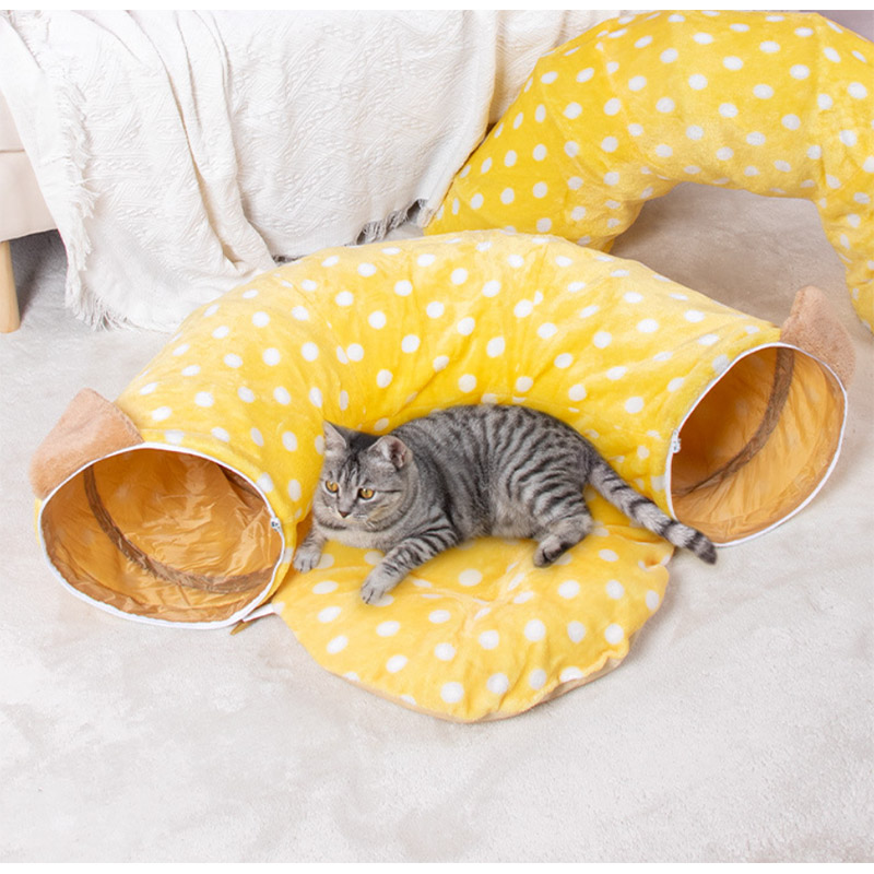 Comfortable Plush Cat Tunnel Bed with Central Mat